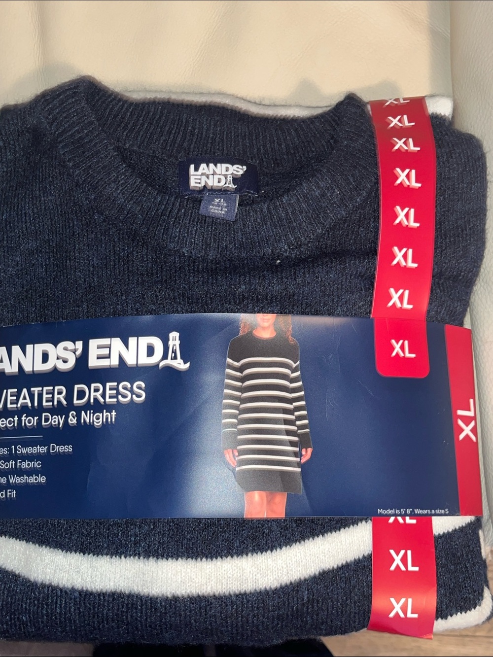Lands' End Navy and White Crewneck Sweater Dress